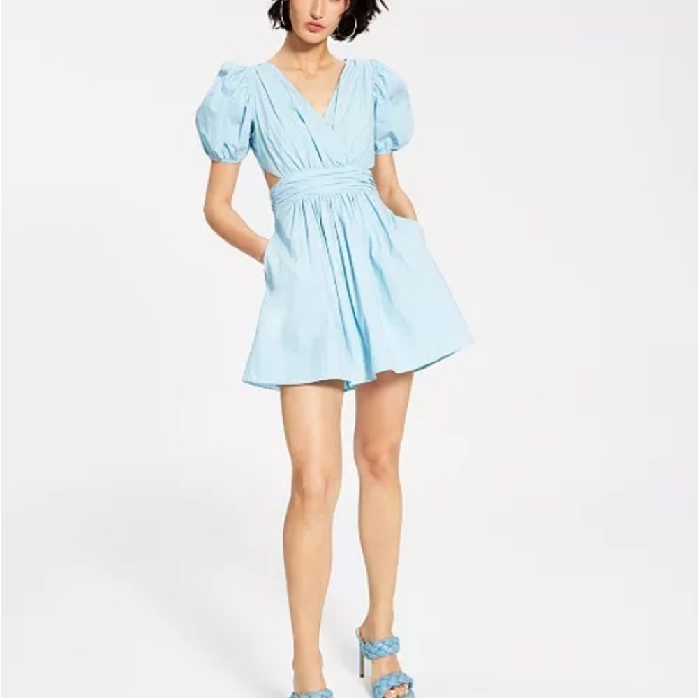 FRENCH CONNECTION | Rhodes Poplin V-Neck Mini Dress in Light Blue - 6